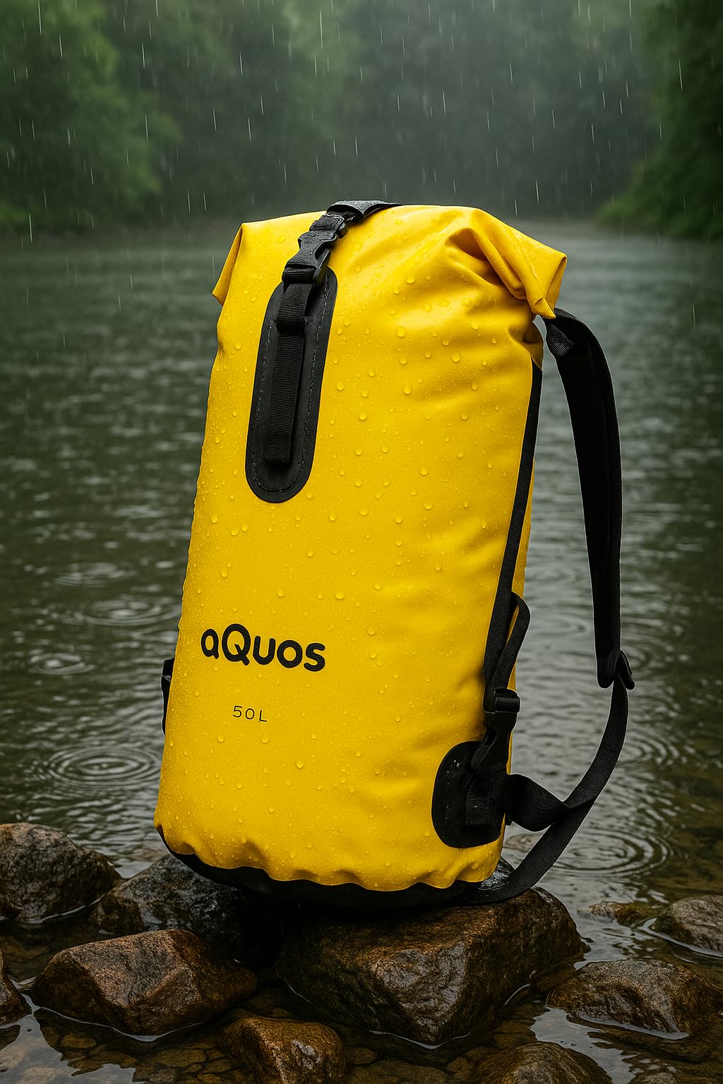 AQUOS Wasserdichter Dry Bag Finback 50L – Robuster Packsack aus LKW Plane in Signalfarbe Gelb – mit Rollverschluss & Tragegurt – Ideal für Kajak, Boot, Camping & Outdoor - Hydrobag