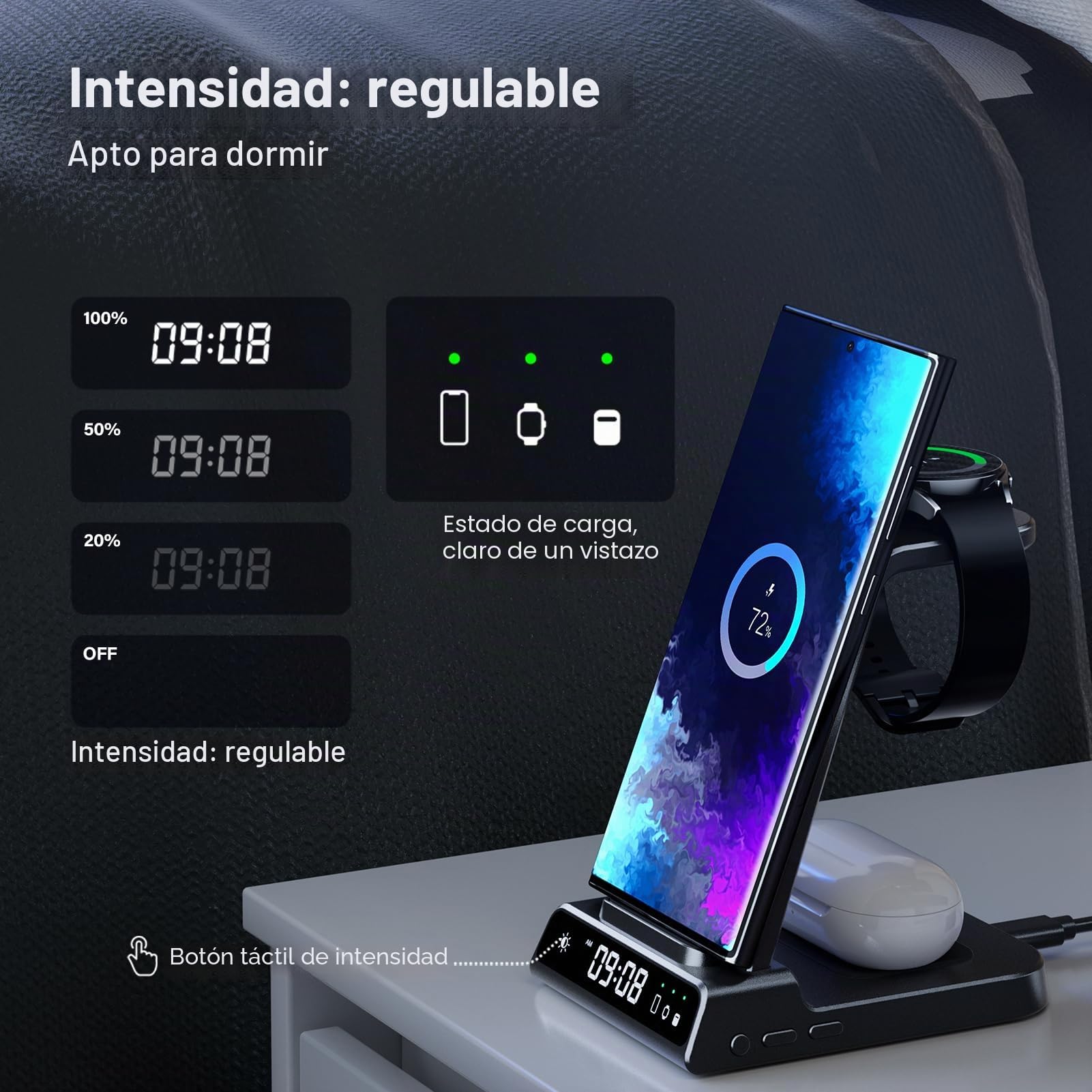 Cargador Inalámbrico para Samsung S26 Ultra, Estación de Carga Inalámbrica 3 en 1 para Galaxy S26+/S25 Ultra/S24/S23/Z Flip 7/Fold 6, Base de Carga para Galaxy Watch 8/Ultra/7/6, Buds 3 (No Adapter)
