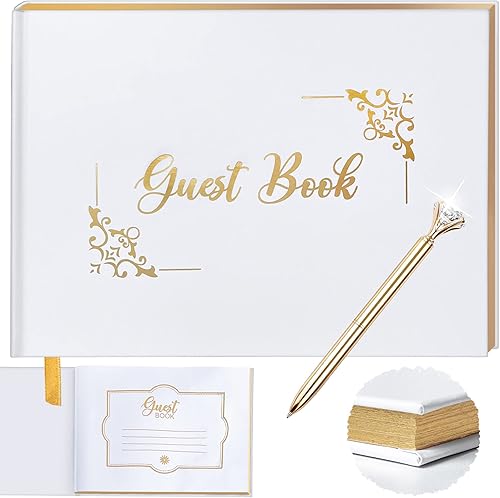 DUXOV Libro de invitados de boda, Libro de visitas de boda con pluma de oro, Libro de invitados de boda estampado de oro, Libro de invitados de