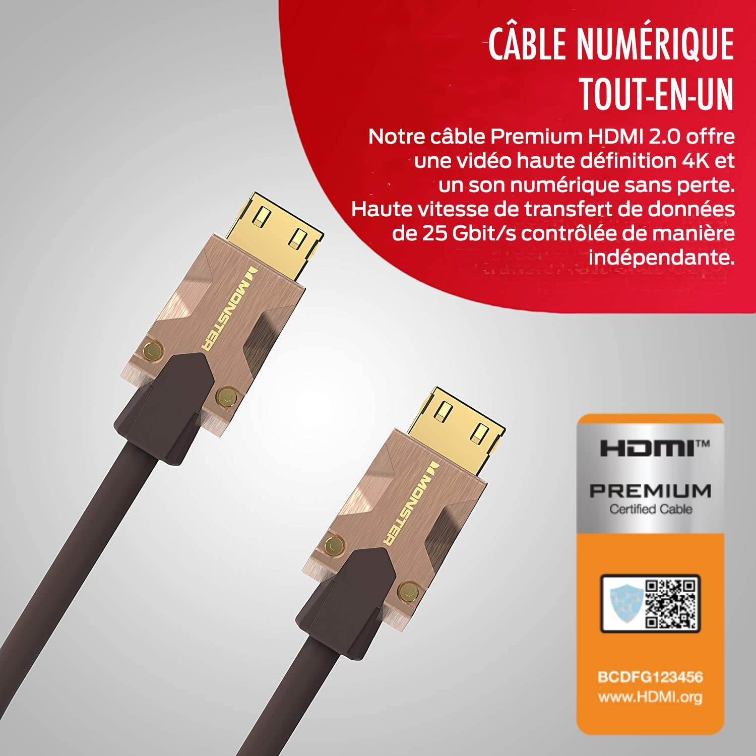 MONSTER - M2000 - Câble HDMI - Résolution 4K - Vidéo HDR10+ - 25 GBPS - Vitesse Éclair - Connecteurs V-Grip - Triple Blindage - 5 Mètres - Garanti à Vie - Gaine Souple Tressée