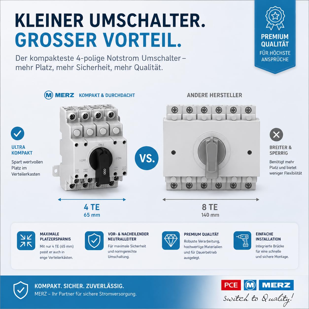 Merz - Conmutador de corriente de emergencia (63 A, interruptor de separación de carga de 4 polos, red 0 de emergencia, incluye puente integrado (conmutador 63 A)