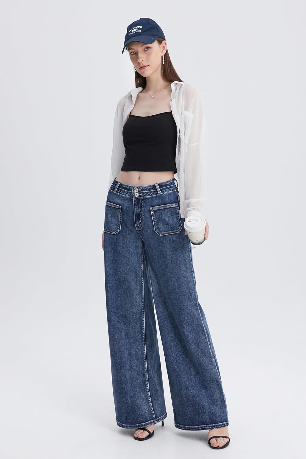 Women's High Waist Wide Leg Jeans Stretchy Loose Denim Pants with Two Button Detail - Image 9
