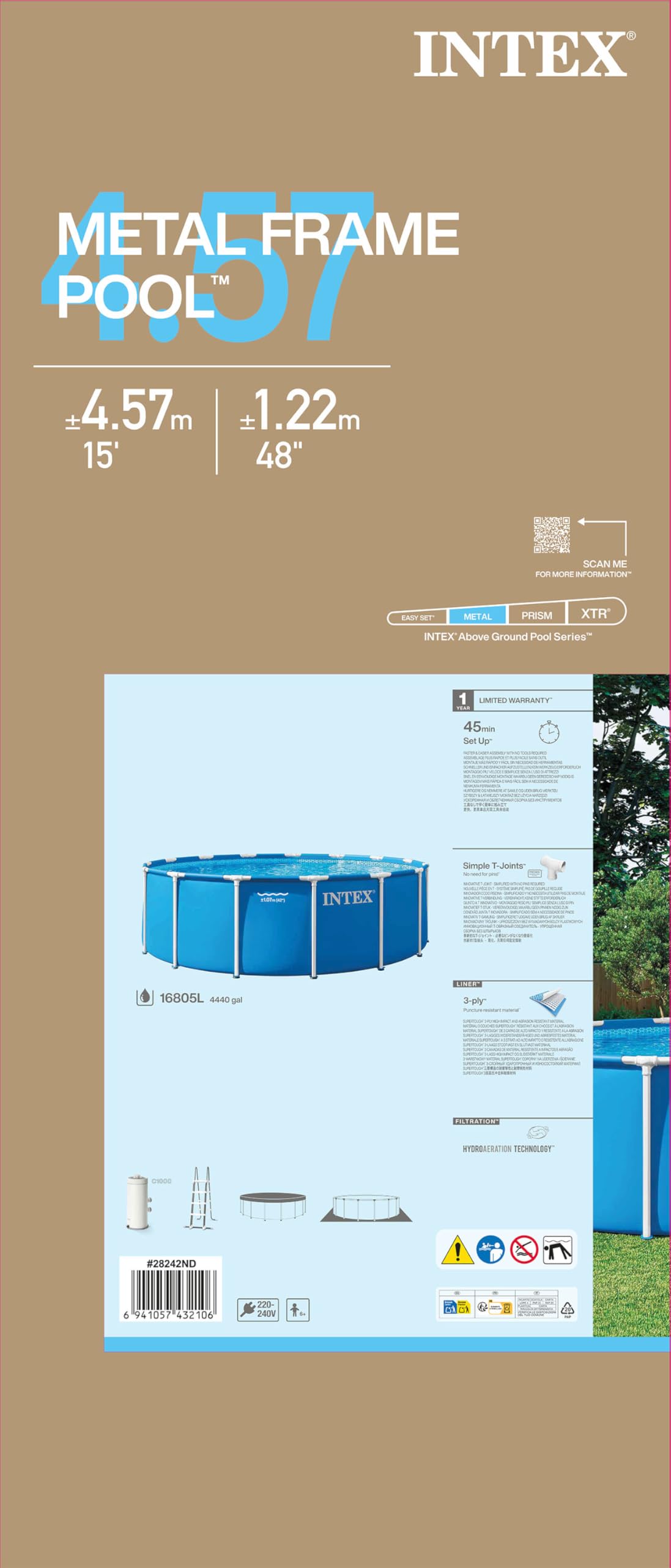 Intex Piscine 28242ND 4,57 m x 1,22 m avec Structure métallique Comprend Une Pompe de Filtration, Une échelle de sécurité, Une bâche de Sol et Une Couverture de Piscine