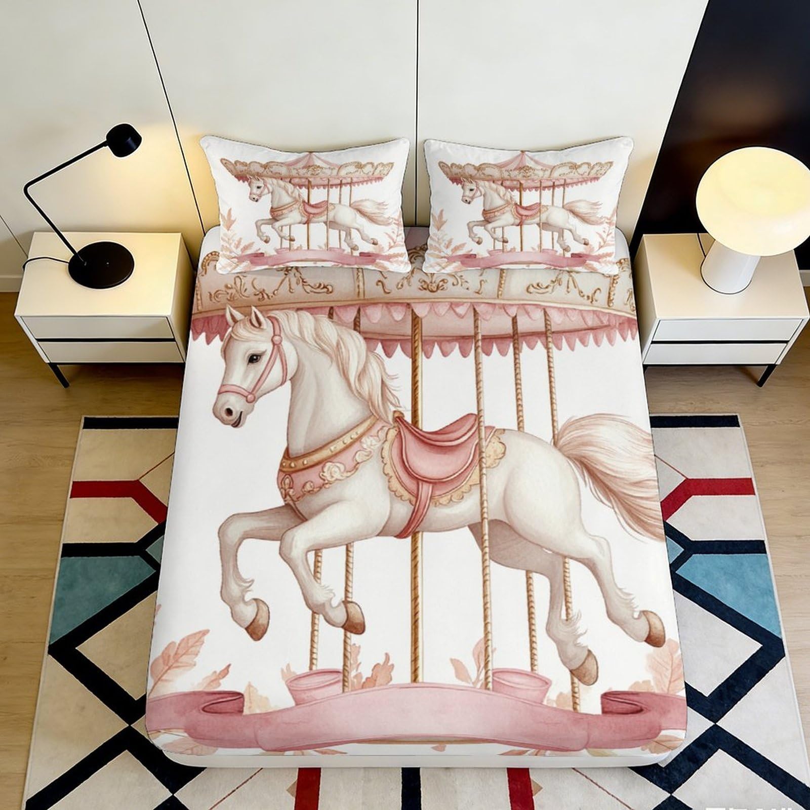 3D Printed Carousel Fitted Sheet Microfiber Deep Pocket Non-Slip Bedding Set Carousel Mattress Fitted Cover Washable for Bedroom Home 200x200x25cm