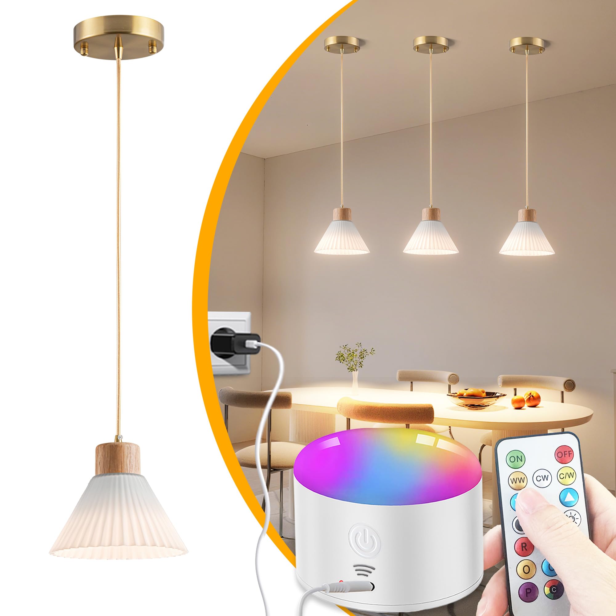 Photo 1 of 1 Pack Battery Operated Pendant Light, Rechargeable ceiling Light With 10000mAh Detachable Magnetic Bulb, wireless chandelier with remote, RGB Dimmable hanging light fixtures for Kitchen Island Decor