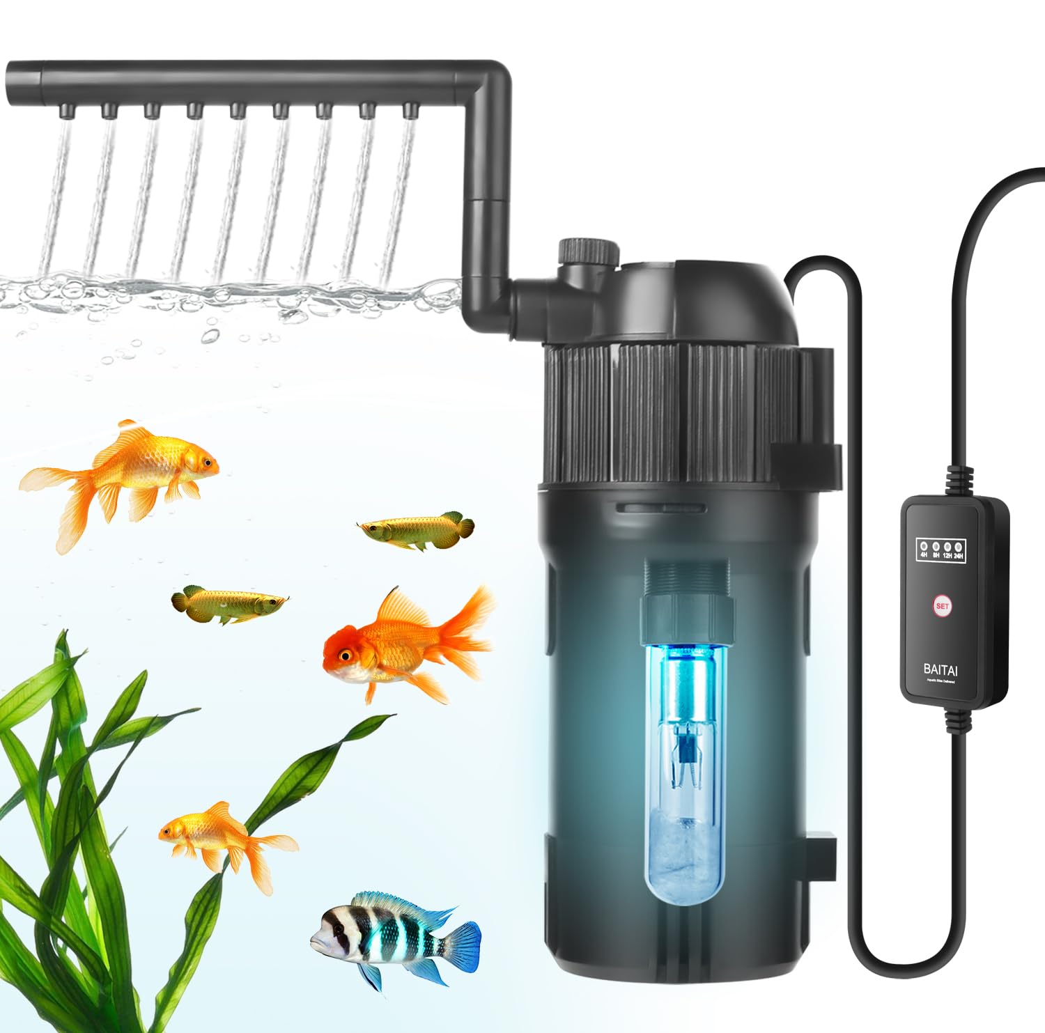 BAITAI Internal UV Fish Tank Filter with Timer, 5-in-1 Aquarium Filter Pump, Turns Green Water to Clear, Multi-Mode Filtration System for 15-80L Aquariums, Adjustable Flow Rate & Direction