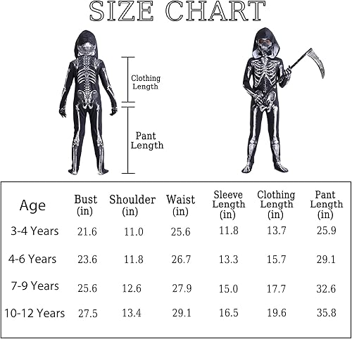 Miniatura 6 de Disfraz de esqueleto para niños, disfraz de Halloween, body de esqueleto con capucha, máscara de guadaña, truco o trato