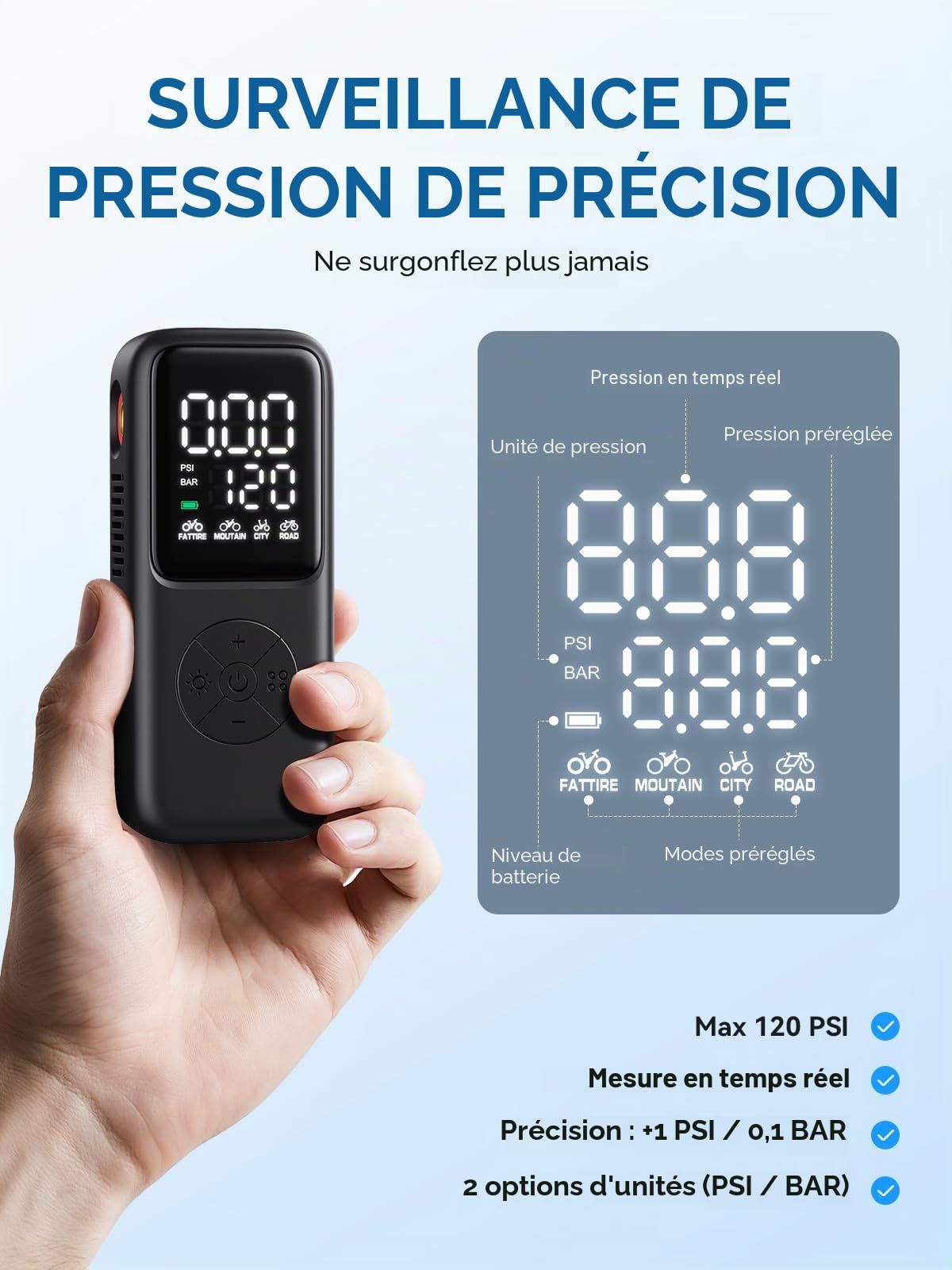 GPUTEK Mini Pompe à vélo électrique, 120 PSI avec jauge et 5 Modes préréglés pour Les valves Schrader et Presta, pour la Route, la Montagne, Le vélo de Ville et Les Gros pneus