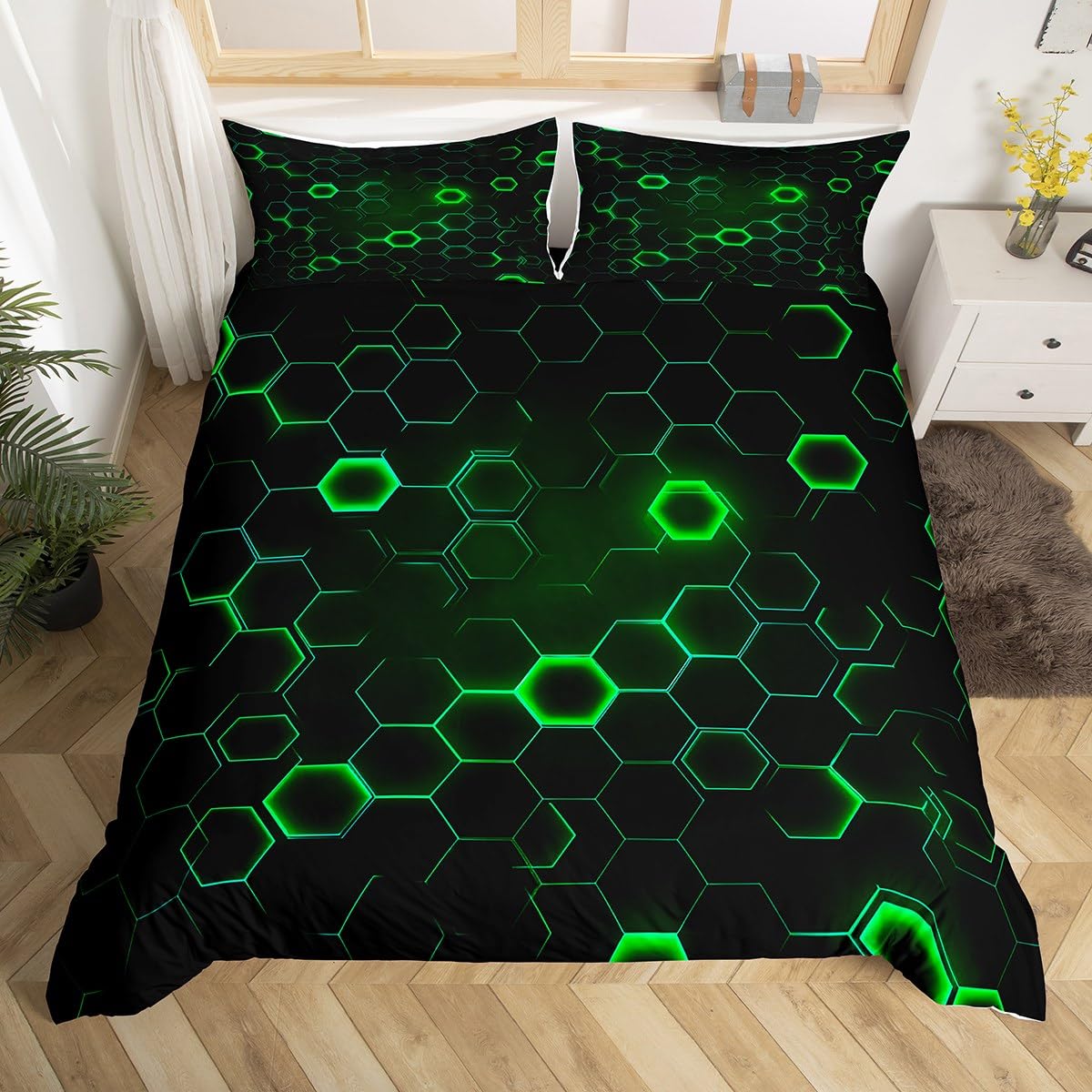 Manfei Honeycomb Duvet Cover,Neon Green Hexagon Abstract Print King Size Duvet Cover for Kids Adults,Modern Geometric Artistic Soft Comforter Cover(No Filler) with Zipper Closure