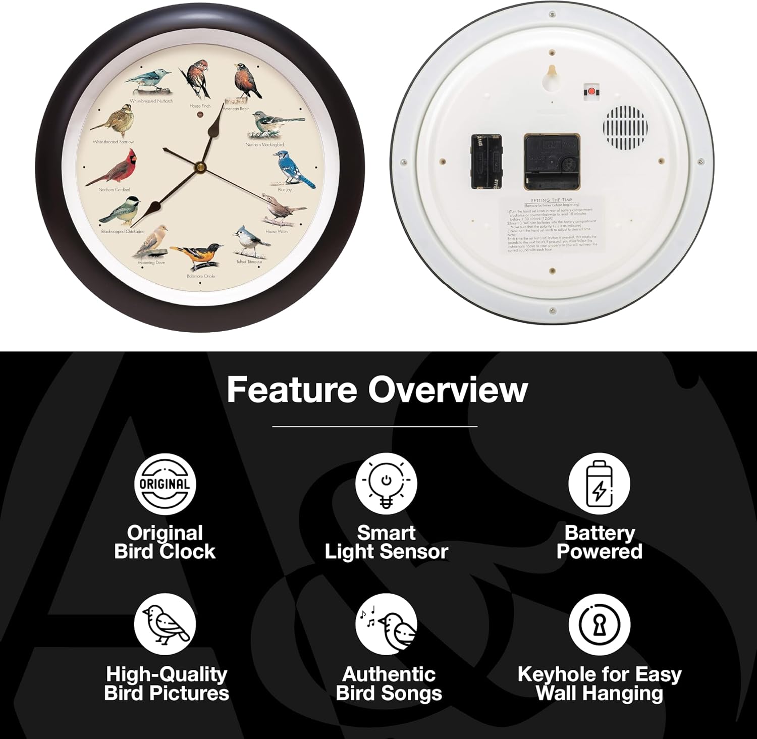 Mark Feldstein, The Original Singing Bird Wall Clock, 13 Inch, Black