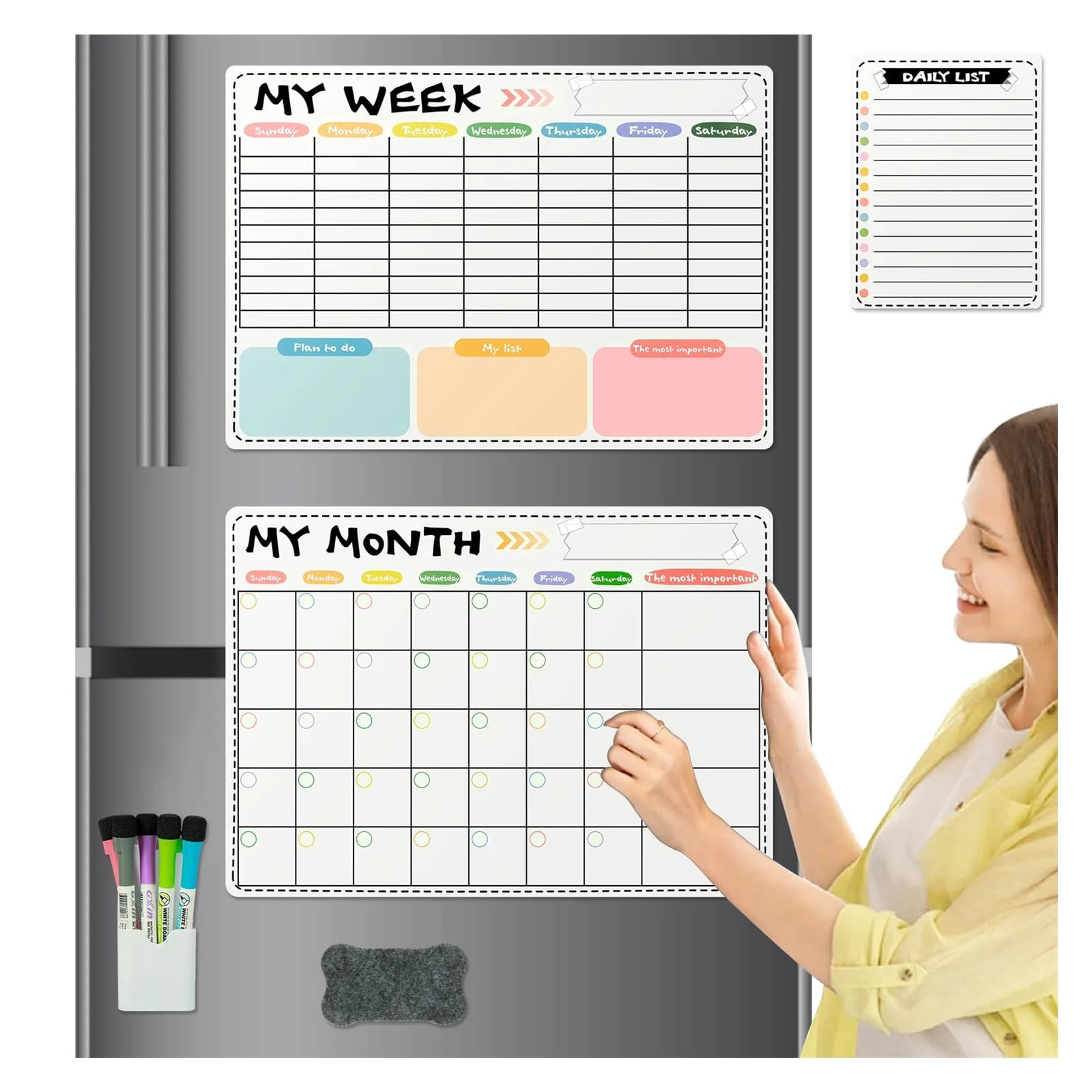 Tableaux de planification magnétiques Calendrier de réfrigérateur Effaçable à sec Mensuel Hebdomadaire