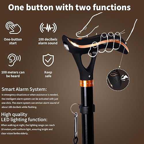 Miniatura 4 de Bastón plegable, bastón con luz y alarma, carga USB ajustable de 6 niveles, con mango en T de descompresión, adecuado para artritis y lesiones en