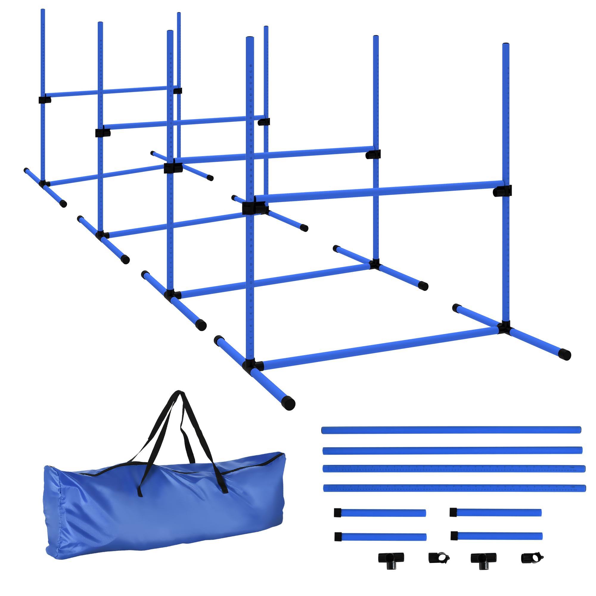 PawHut 4 Piece Dog Agility Training Equipment for Dog Agility Course with Adjustable Height Jump Bars, Included Carry Bag, & Displacing Top Bar, Blue
