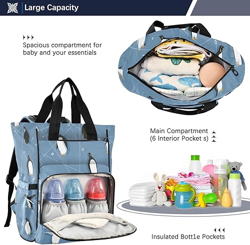 Miniatura 5 de Linda mochila de pañales de patinaje de pingüinos para bebés, niños y niñas, bolsa de viaje con correas para cochecito y almacenamiento de botellas,