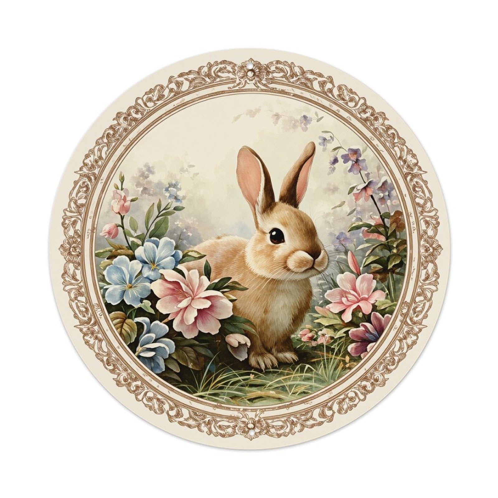 Rabbit Floral Garden Art Round Tin Sign Retro Metal Sign for Cafe Bar Pub Home Game Room Gym Club Wall Decoration Vintage Metal Poster 8x8 Inch
