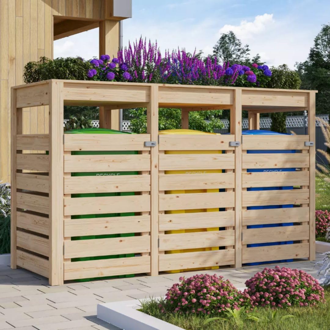 Karibu Mülltonnenbox für Tonnen Mülltonnenverkleidung aus Holz Wetterfest, robust, pflegeleicht Außenaufbewahrung, Müllabdeckung 3 Tonnen Farbe: Natur