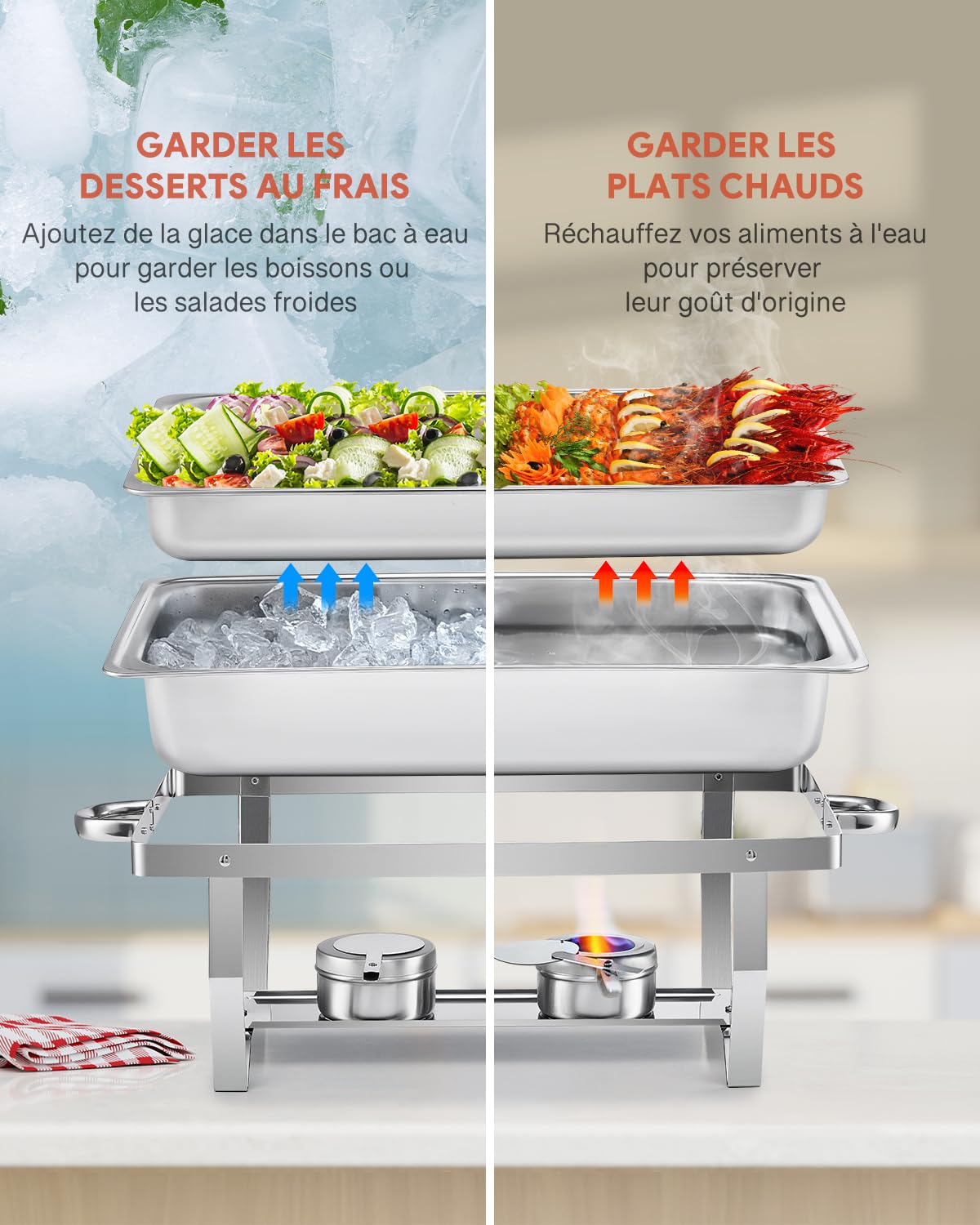 WILPREP Lot de 2 Chafing Dish Buffet 8,5L, Buffet Chauffant Chauffe Plat en Acier INOX Alimentaire avec Cadre Pliable (2×GN1/1+4×GN1/2)