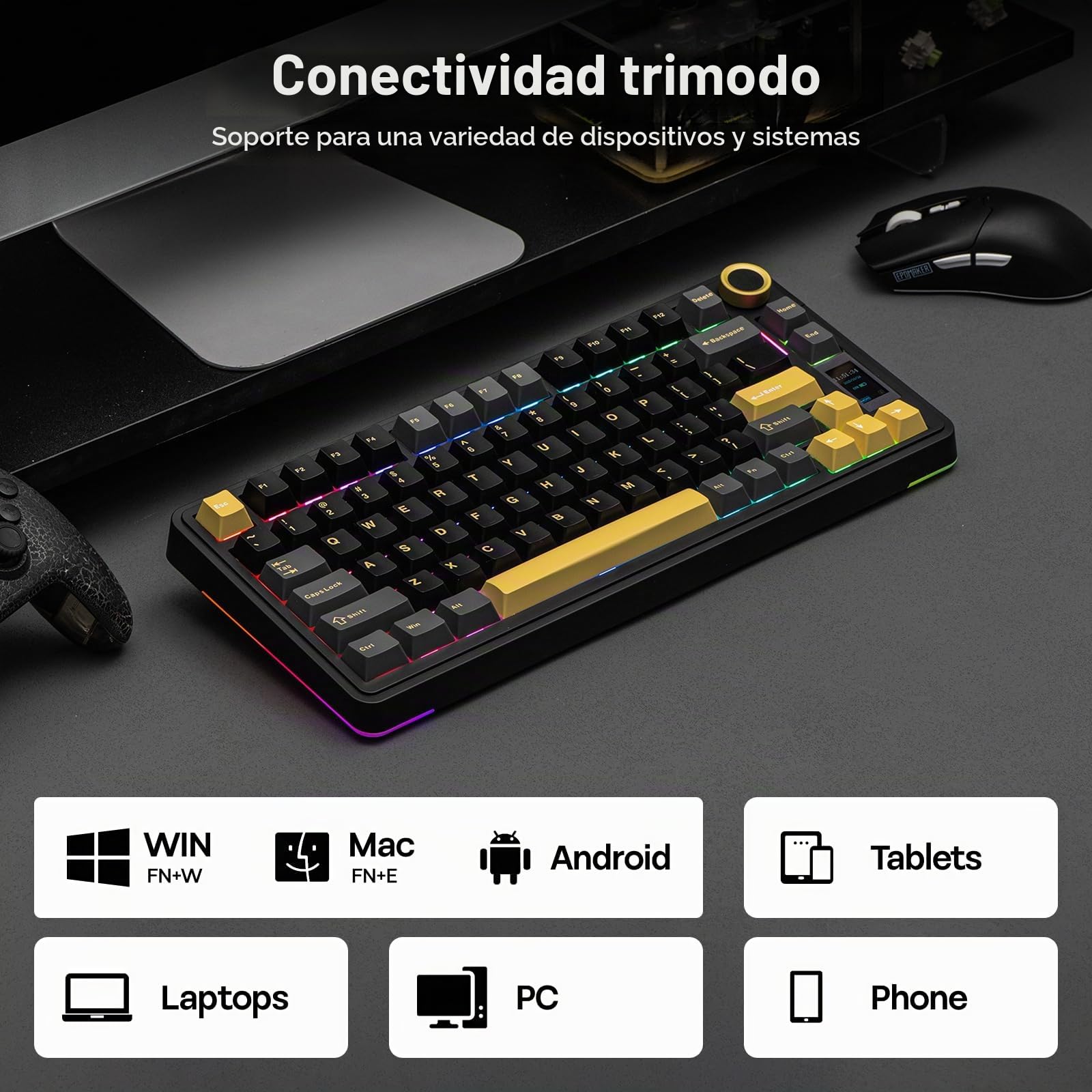 EPOMAKER X Aula EA75 MAX Teclado Mecánico Inalámbrico para Juegos con Pantalla y Perilla, 5000mAh, Hot-Swap, RGB, Teclas PBT,Gasket Suave, Teclado Mecánico del 75%,Formato US (Negro, Silent Switch)