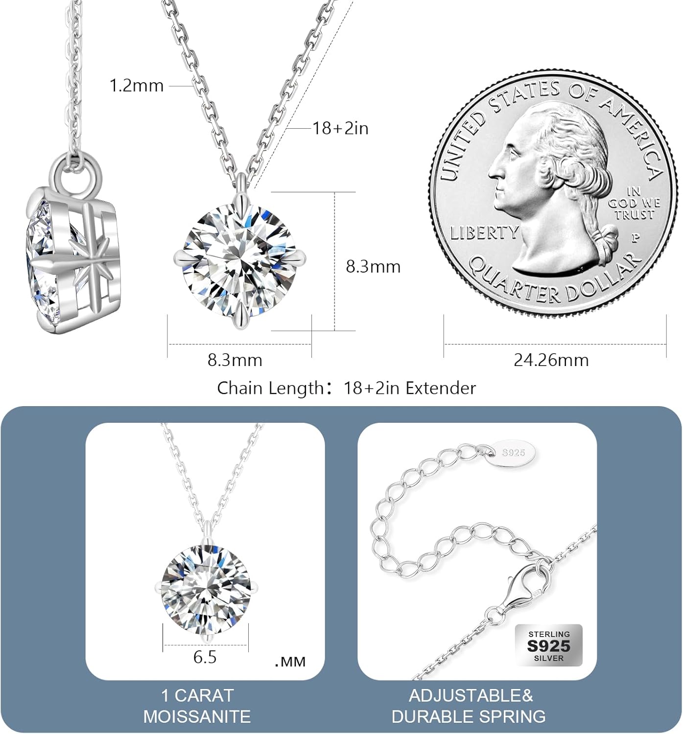 KRKC Moissanite Pendant Solitaire Necklace for Women, 0.5CT/1CT/2CT/3CT/4CT Lab Created Diamond with VVS1 Clarity D Color, Adjustable 14K White Gold Plated S925 Sterling Silver Chain for Anniversary Christmas Day Mother's Day Valentines Gift - Image 4