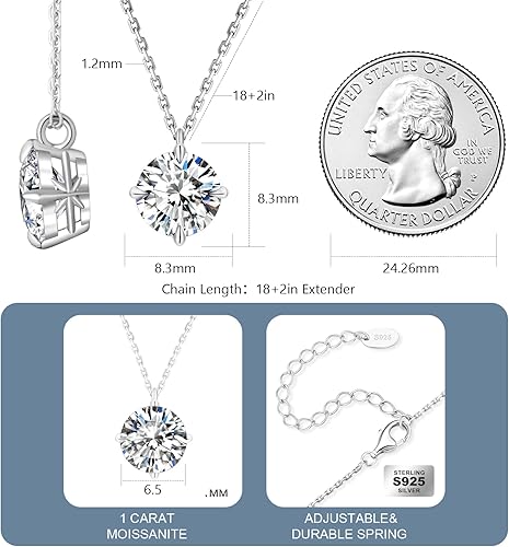 Miniatura 4 de KRKC Collar solitario con colgante de moissanita para mujer, 0.5CT1CT2CT3CT4CT Diamante creado en laboratorio con color VVS1 Clarity D, cadena