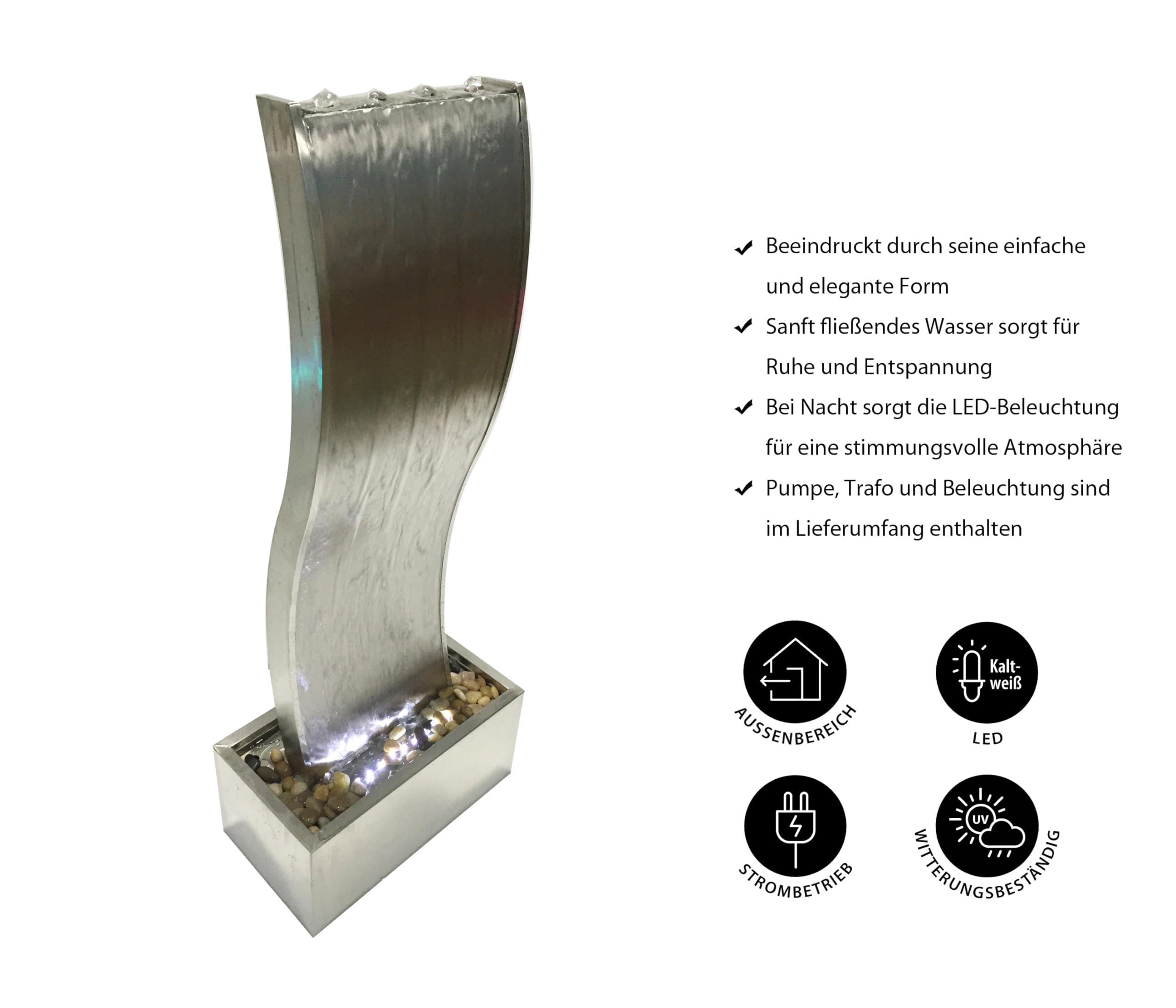 Dehner Curve Fontanna Ogrodowa LED, Srebrny, 108 x 23.5 x 44.5 cm