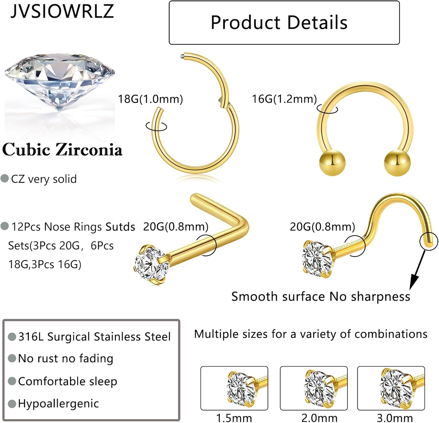 Nose Rings Studs for Women Men: Hypoallergenic Gold Silver 316L Surgical Stainless Steel Hoops Septum Horseshoe/L Shape/Corkscrew Nose Studs Body Piercing Jewelry Tragus Conch 20G 18G 16G - Image 2