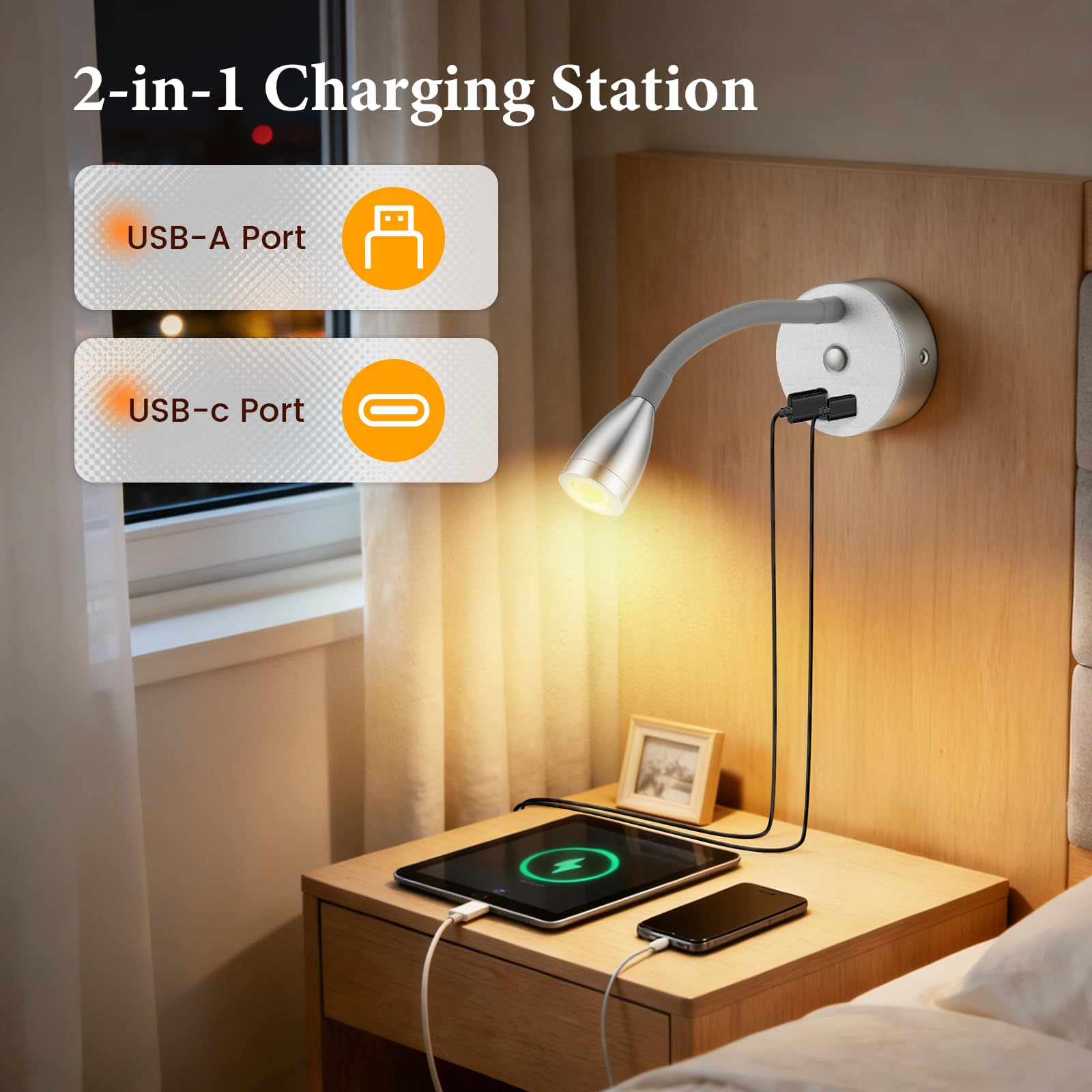 2 Pezzi Lampada da Lettura per Camper con Caricabatterie USB A+C, faretto da Parete a LED da 12 V, Lampada da Parete Flessibile a Collo D'Oca per Camper roulotte Barca Yacht (Argento)