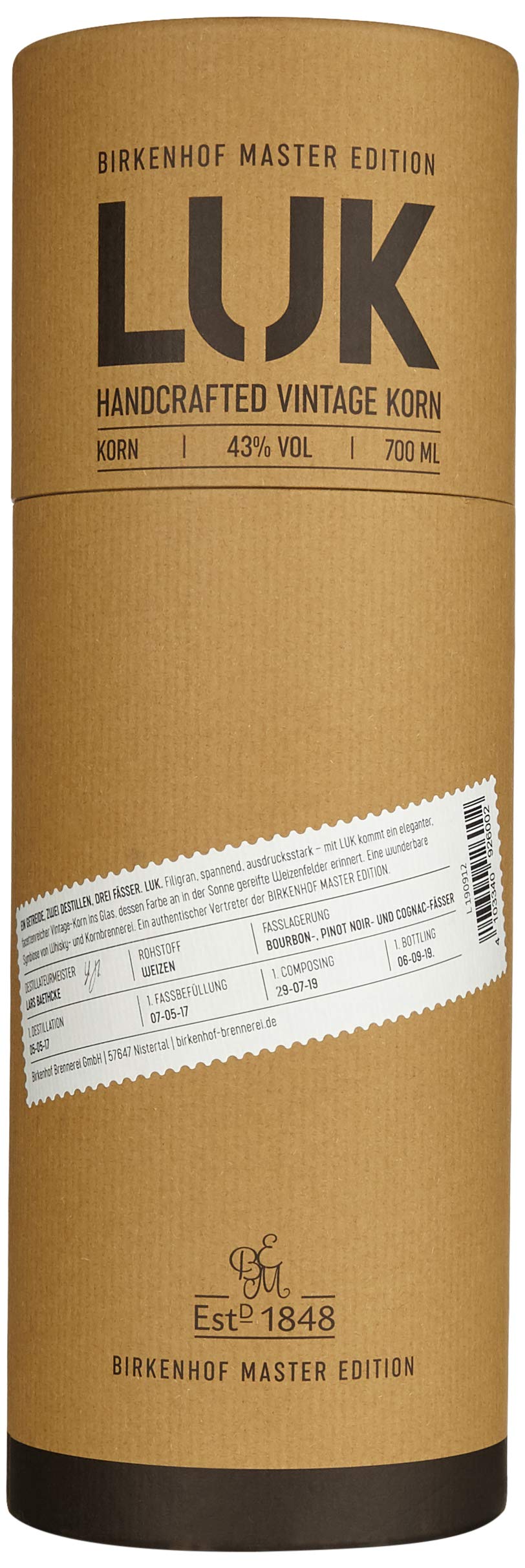 BIRKENHOF Brennerei | LUK Handcrafted Vintage Korn in Tube-Naturkarton | (1 x 0,7l ) - 43 % vol.