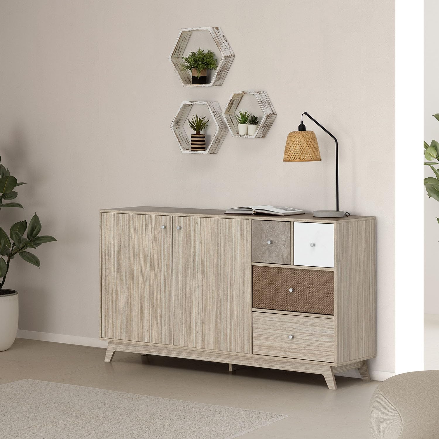 HOMN LIVING Buffet Maia 2 Portes 4 tiroirs Multicolore, 150 cm (Largeur) 40 cm (Profondeur) 85 cm (Hauteur)