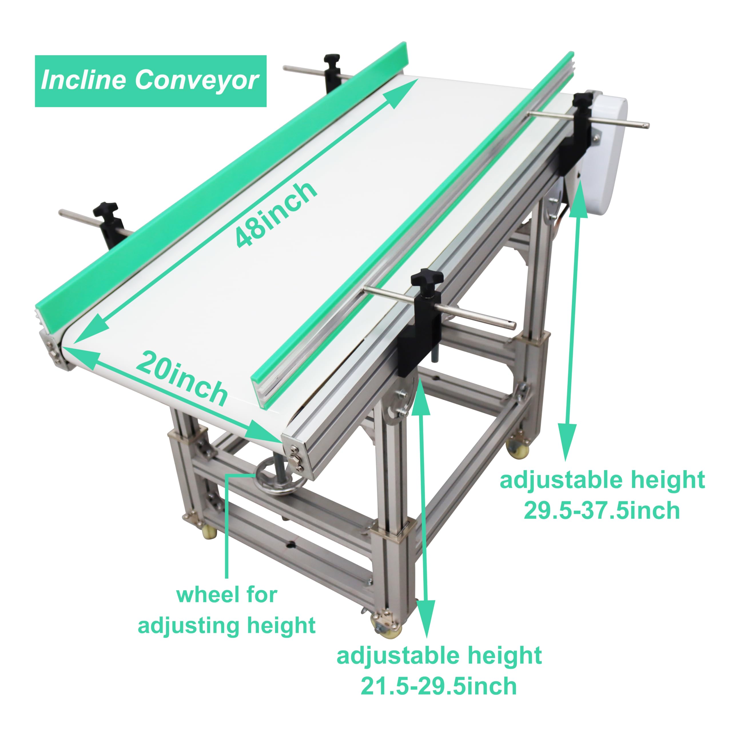 TECHTONGDA PU Incline Conveyor Belt Systems for Industrial Transport Aluminum Frame Conveyor Length 48inch Belt Width 20inch with Guardrails