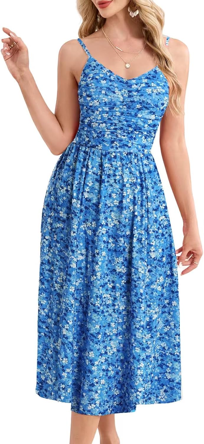 Women Floral Maxi Dress Boho Maxi Spaghetti with Pockets Bow Tie Backless Summer Casual Beach Vacation Sundresses - Image 6