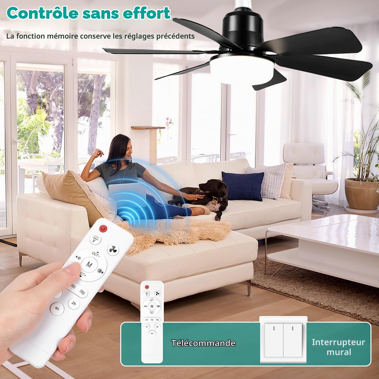 Ventilateurs de plafond avec lumières, ventilateur silencieux E27 Ø20,5 inch/53 cm, 6 pales, minuterie, 3 vitesses et changement couleur détachable pour chambre coucher salon cuisine salle bain garage