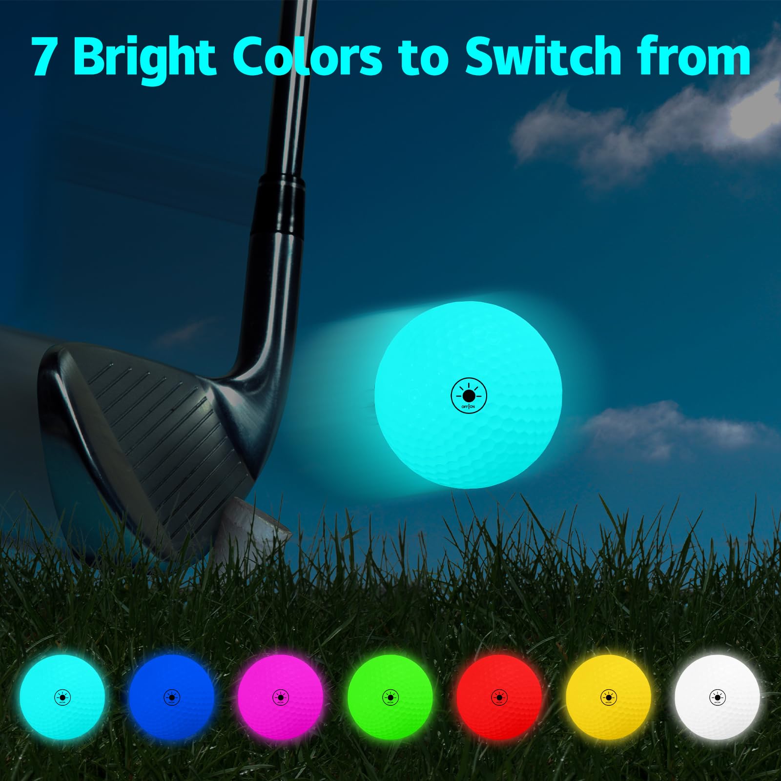 THIODOON Glow in The Dark LED Balls - 7 Colors, No Timer, Easy On/Off, 6 Pack for Night Golf