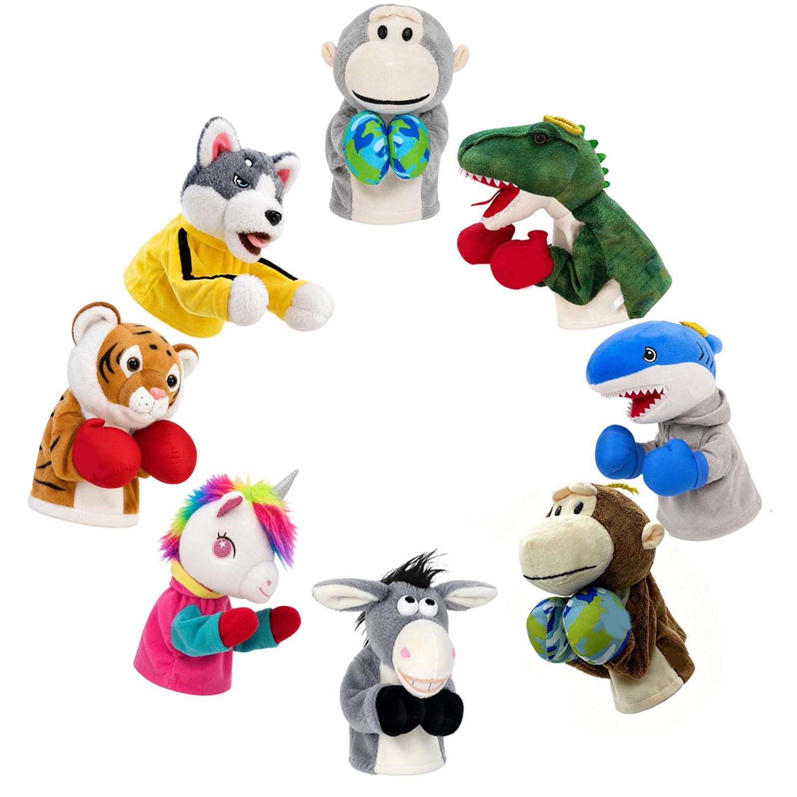 Punzonare la marionetta a mano con animale con suono (8pcs) | Giocattolo interattivo di dinosauro squalo Husky da boxe, burattino da Kung Fu per cani e gatti di piccola taglia