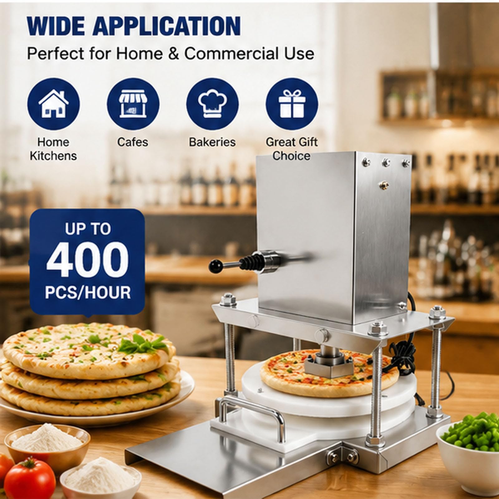 Maszyna do wyciskania ciasta na pizzę 8,6" Electric, Automatyczna maszynka do ciasta ze stali nierdzewnej, 400 szt./h, Maszynka do makaronu do piekarni, użytku domowego i komercyjnego