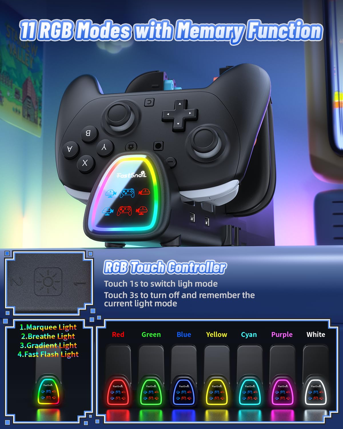 [Switch 1/2 kompatibel] FASTSNAIl Controller Ladestation für Nintendo Switch 2/1 für Joycon, 10-in-1-Schnellladestation für Pro Controller 2/1 mit 11 RGB-Modi, kabelloses Ladegerät mit LED-Anzeige
