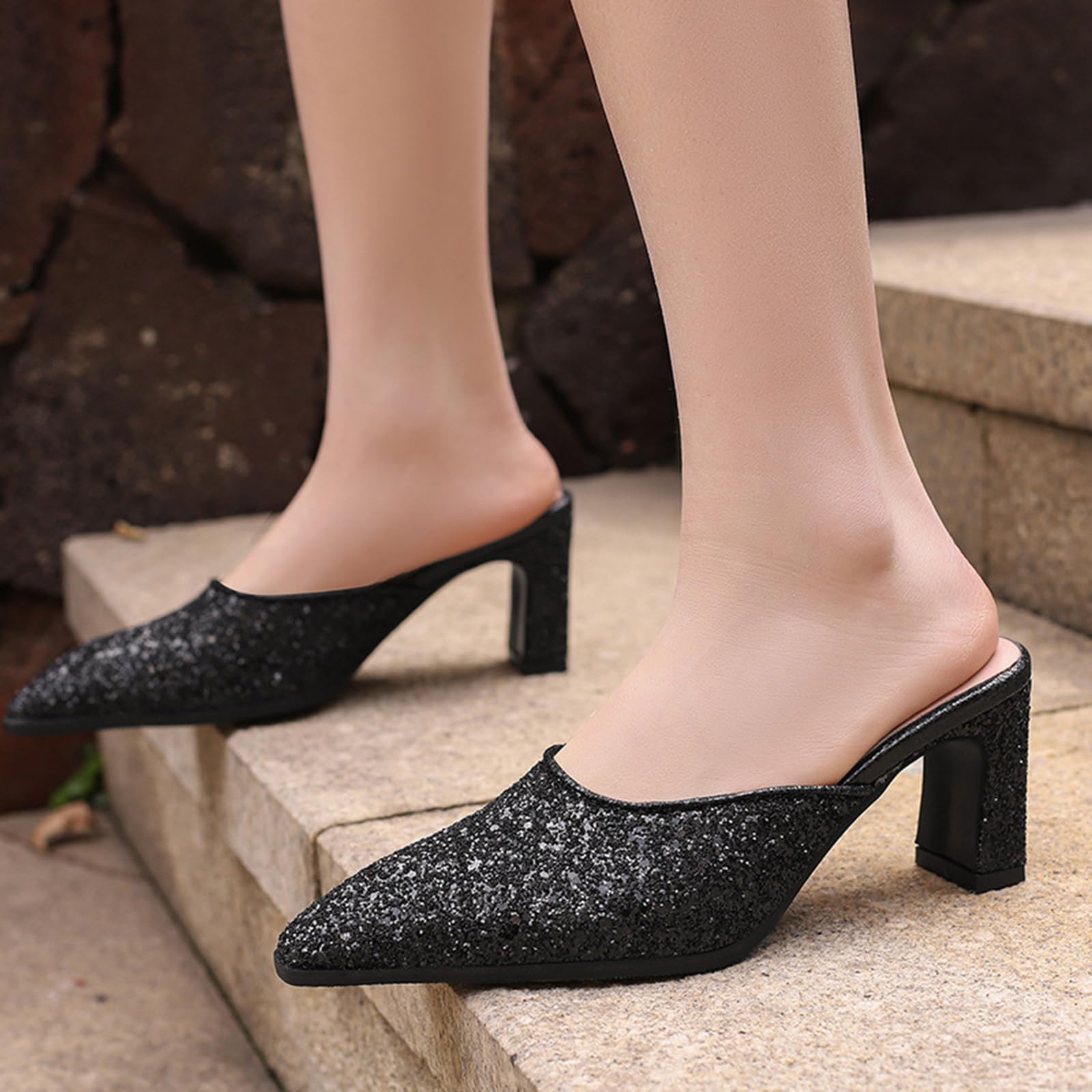 Mule Nere con Glitter da 7 cm, Punta affilata, Tacco a Blocco