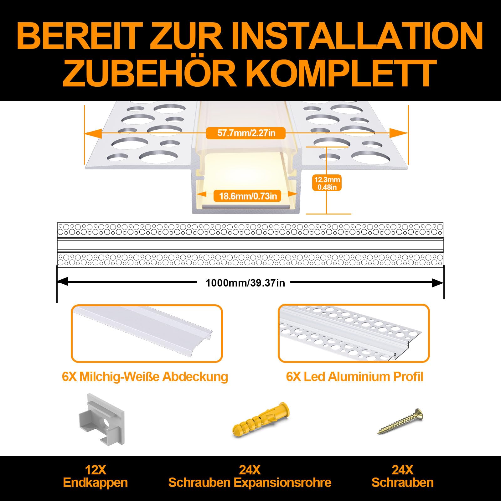 Chesbung LED Trockenbauprofil für 18MM Streifen, 6x1M Aluminum Profil Trockenbau AluProfil für Decken und Wände, Kanal Schiene Eckprofil mit Weiß Abdeckung, Diffusor für Breitere Strip wie Philips Hue