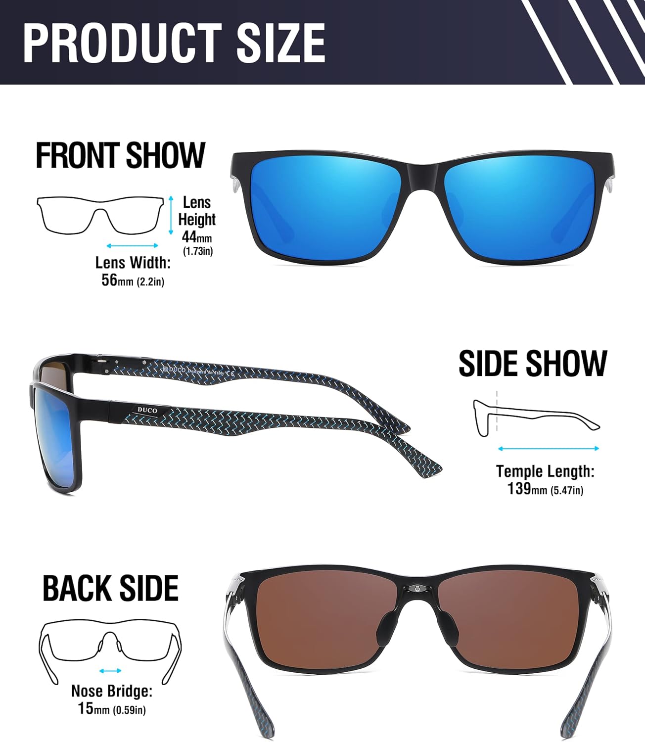 DUCO Mens Sunglasses Polarized Rectangle Sunglass for Men Lightweight Carbon Fiber UV400 Protection 8206 - Image 2