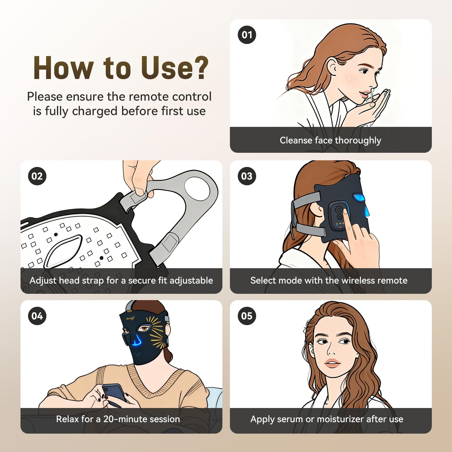 Gracekey Red Light Therapy Mask for Face, Dual Battery/ 4-in-1 352 LED/ 4 Modes/Cordless Red Light Face Mask, 850nm Infrared Face Mask Light Therapy for Home Skincare FDA Cleared Black - Image 8