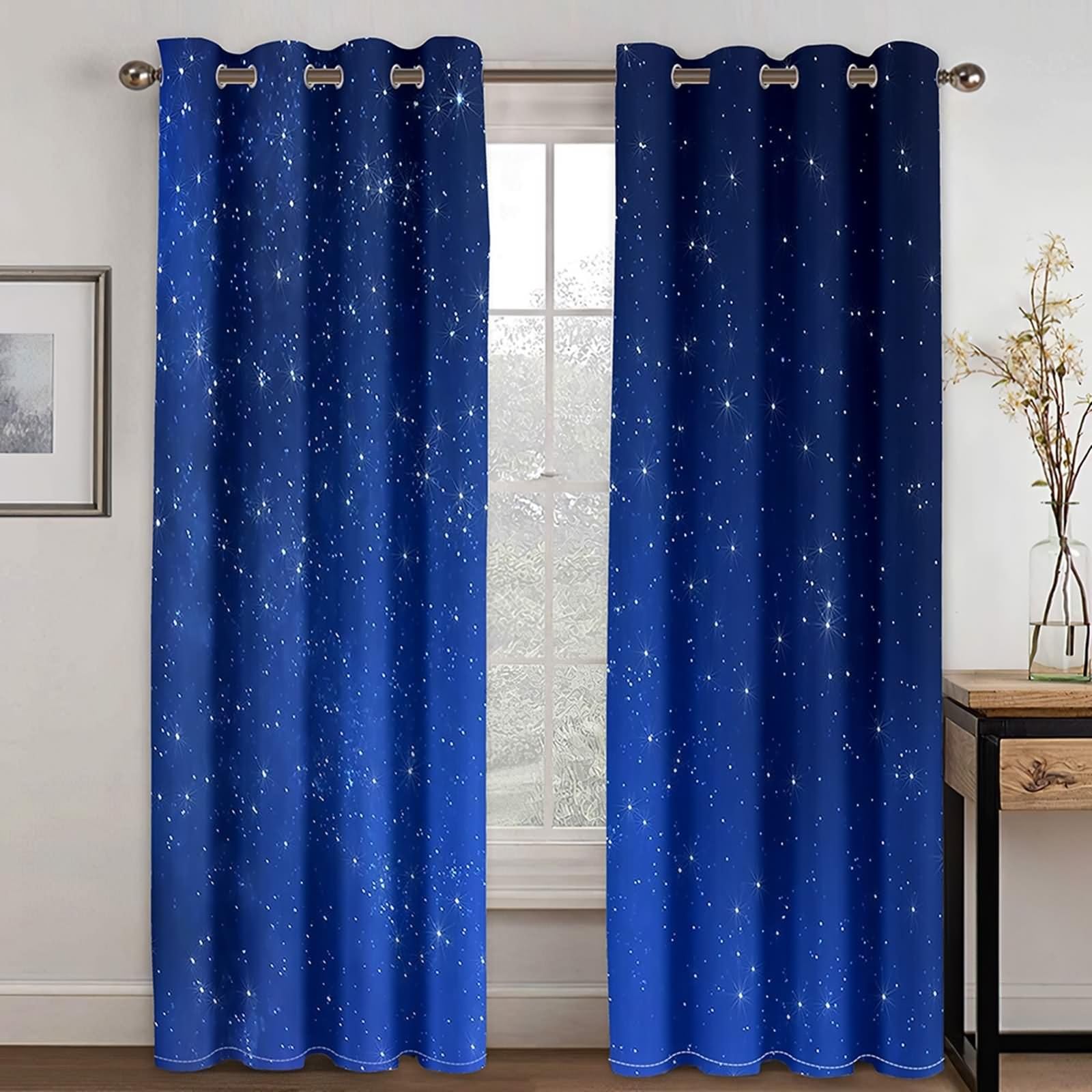 Vorhänge Blau Blickdicht, Vorhang Boho Style Sternenhimmel-Landschaft Polyester 2er Set 468x244cm