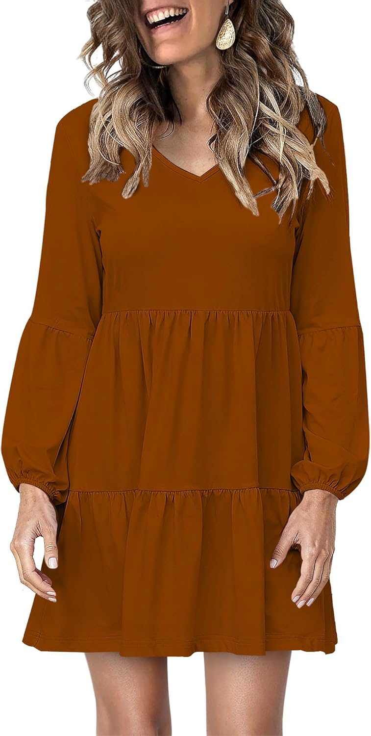 Dresses for Women Casual Long Sleeve V Neck Flowy Swing Tunic Dress Fall Outfits 2025