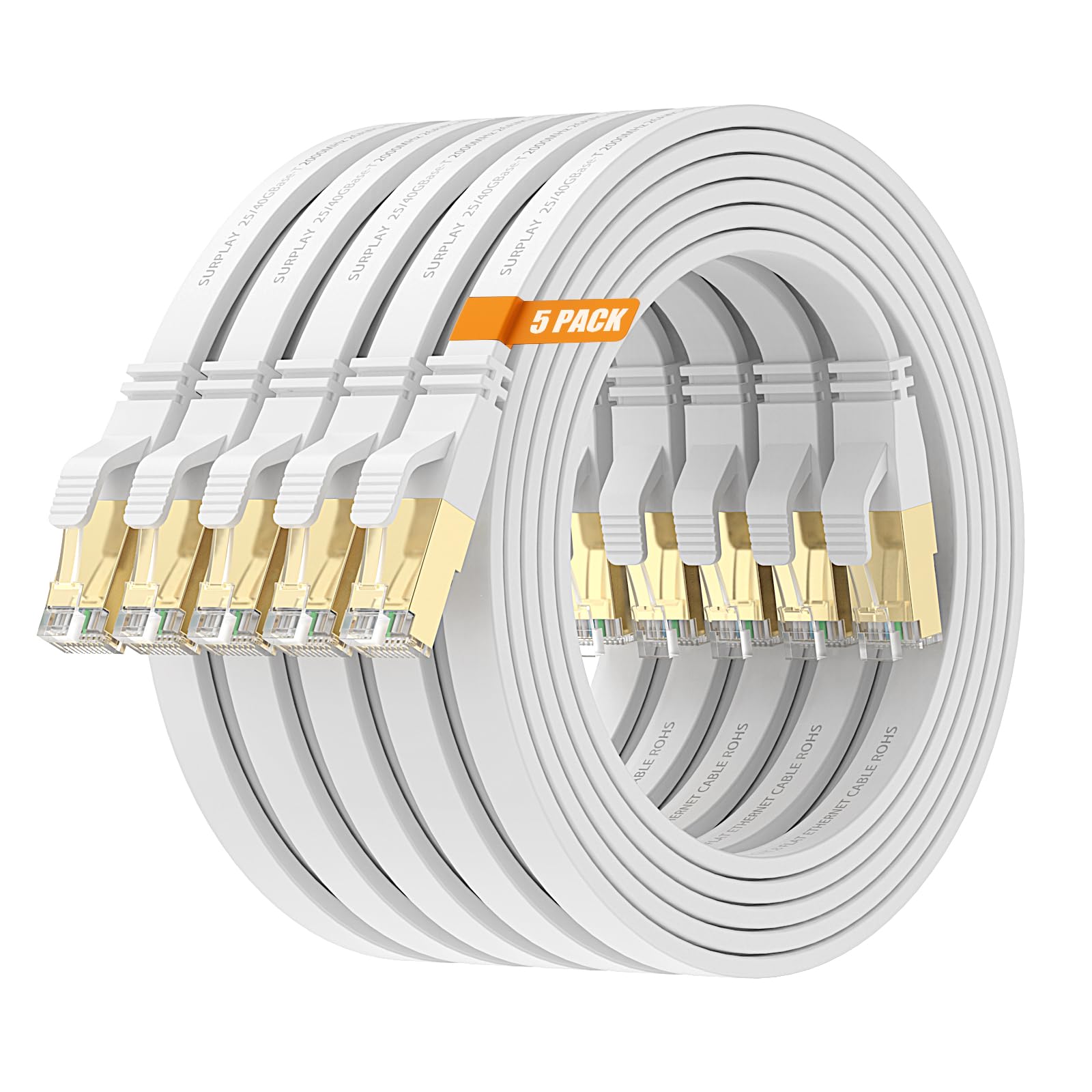 Lot de 5 câbles Ethernet Cat8 de 3 m, blanc, cordon de raccordement réseau Internet 40 Gbit/s, conducteur solide, fil blindé et de terre, ligne LAN RJ45 Cat 8 plaquée or avec attache de câble