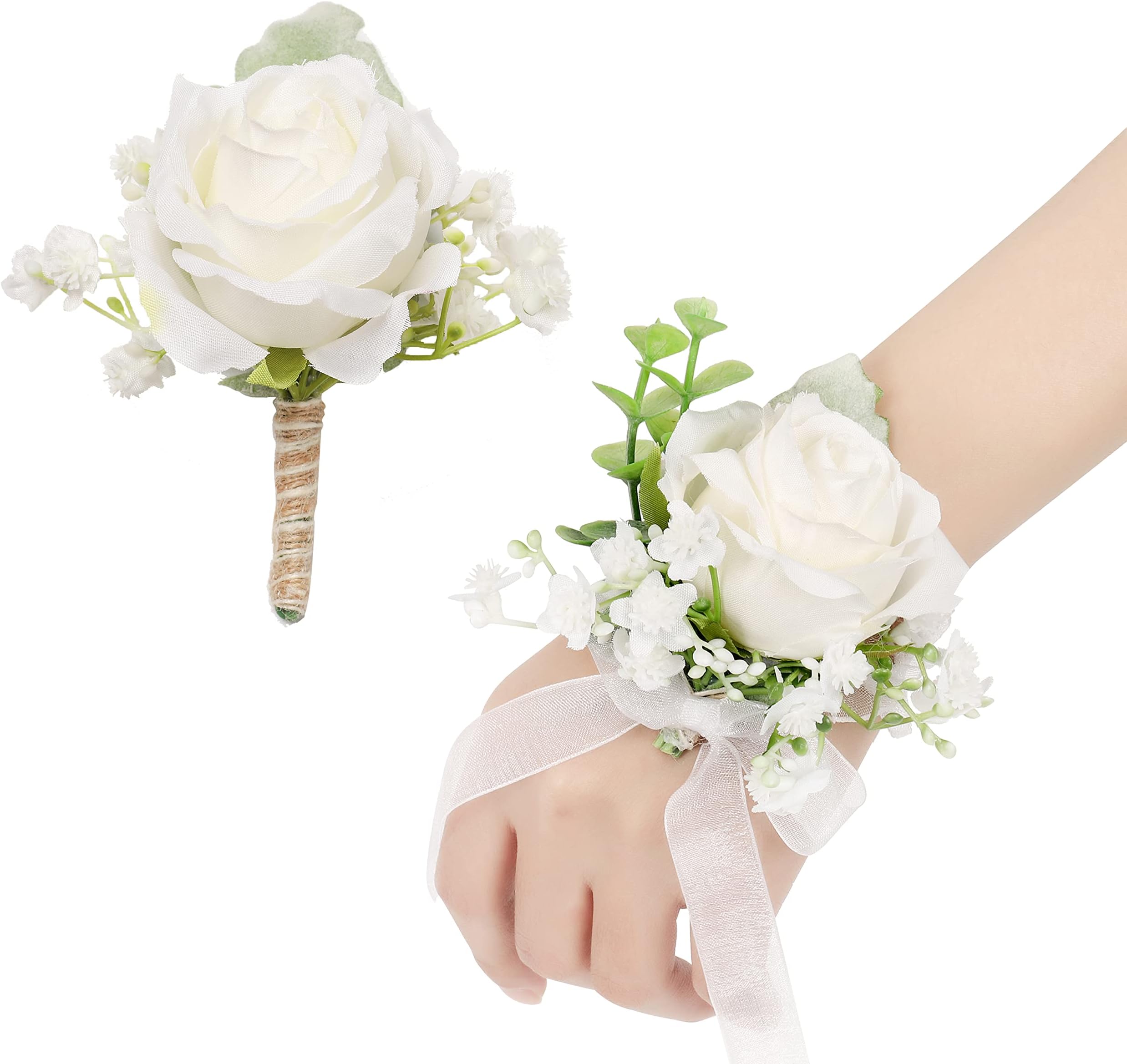 Ivory Rose Wrist Corsage and Men Boutonniere Set, Prom Flower Wrist Corsage Bracelets, Homecoming Corsage Wristlet for Wedding Accessories Prom Suit Decorations