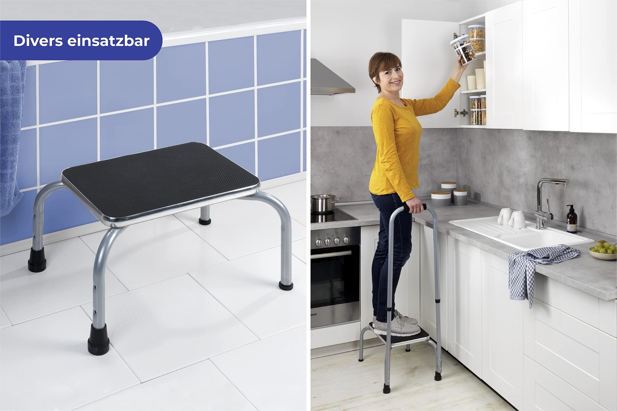 Maximex Sicherheits-Tritt SECURA - Rutschsicherer Haushaltstritt, pulverbeschichtetes Metall, 26.5 x 78-98 x 32 cm, Grau