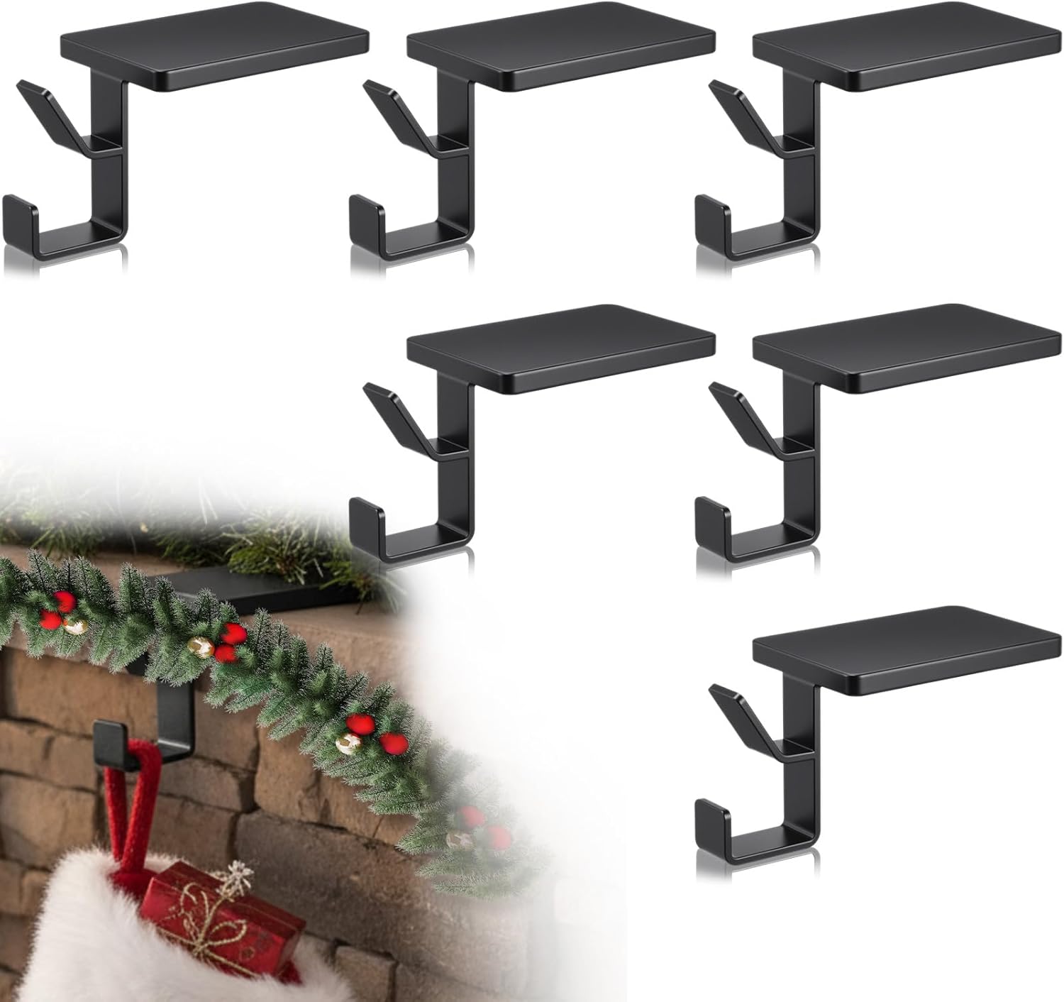 Chunful 6 Pcs 2 in 1 Fireplace Garland and Stocking Hangers Christmas Stocking Holder for Mantel Heavy Duty Metal Stocking Hanger Base for Fireplace Holiday Xmas Party Decor (Black)
