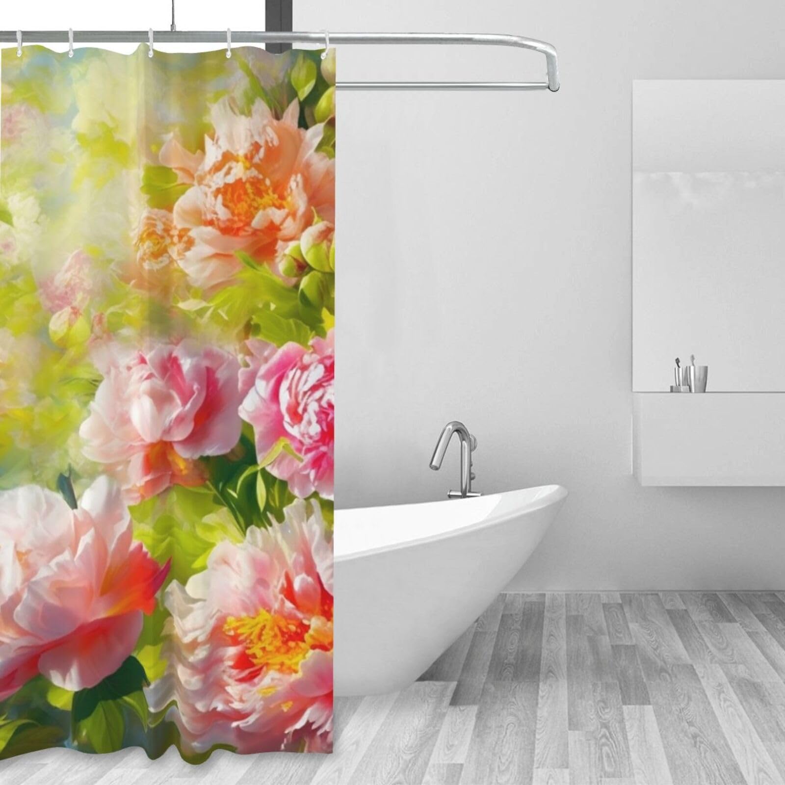 Rideau de douche anti-moisissure en tissu imperméable pivoines pour sol toujours sec