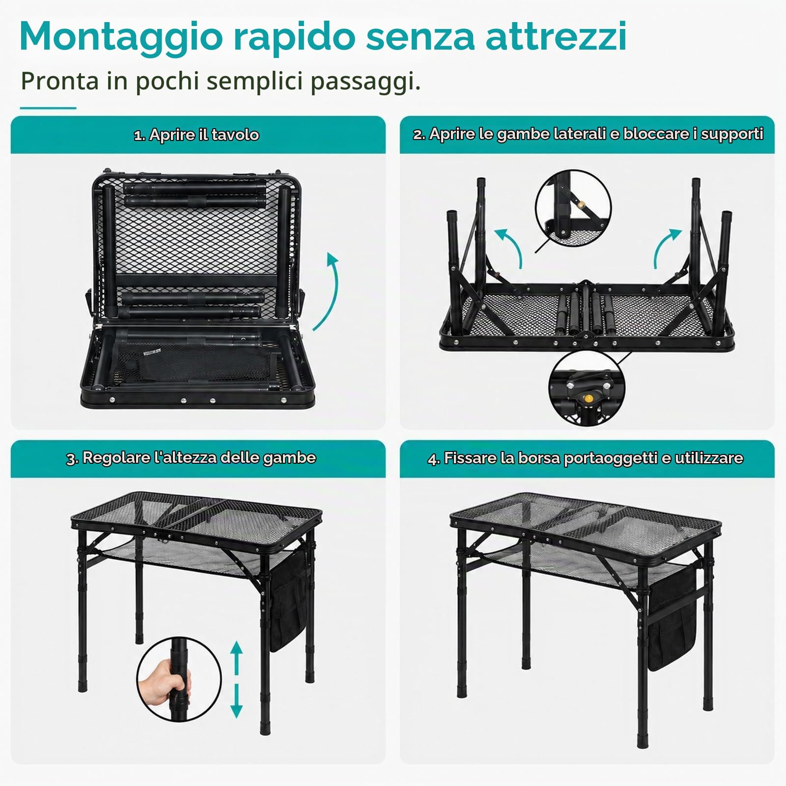 GOOGO Tavolo grill pieghevole da esterno, 60 x 40 x 56 cm, tavolo da campeggio con gambe rialzate e piano a griglia, per BBQ, balcone, picnic e bancarella (nero)