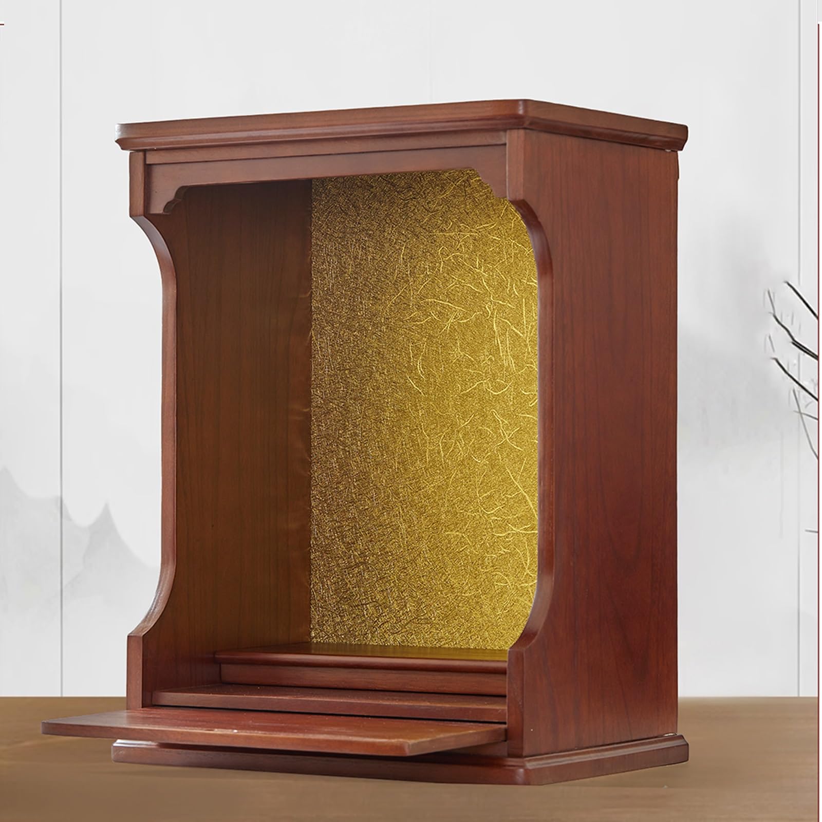 Altar budista de escritorio con cajón de madera color nogal