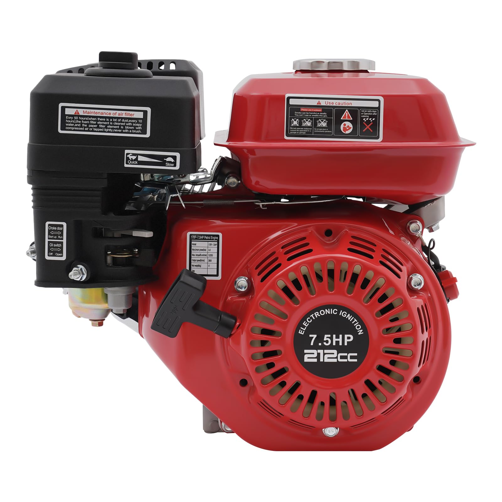 Motor de gasolina silencioso de 4 tiempos, 7,5 CV / 212 cc – 4 kW, 12 N·m, depósito de 3,6 L, OHV, protección contra la escasez de aceite, silencioso y duradero